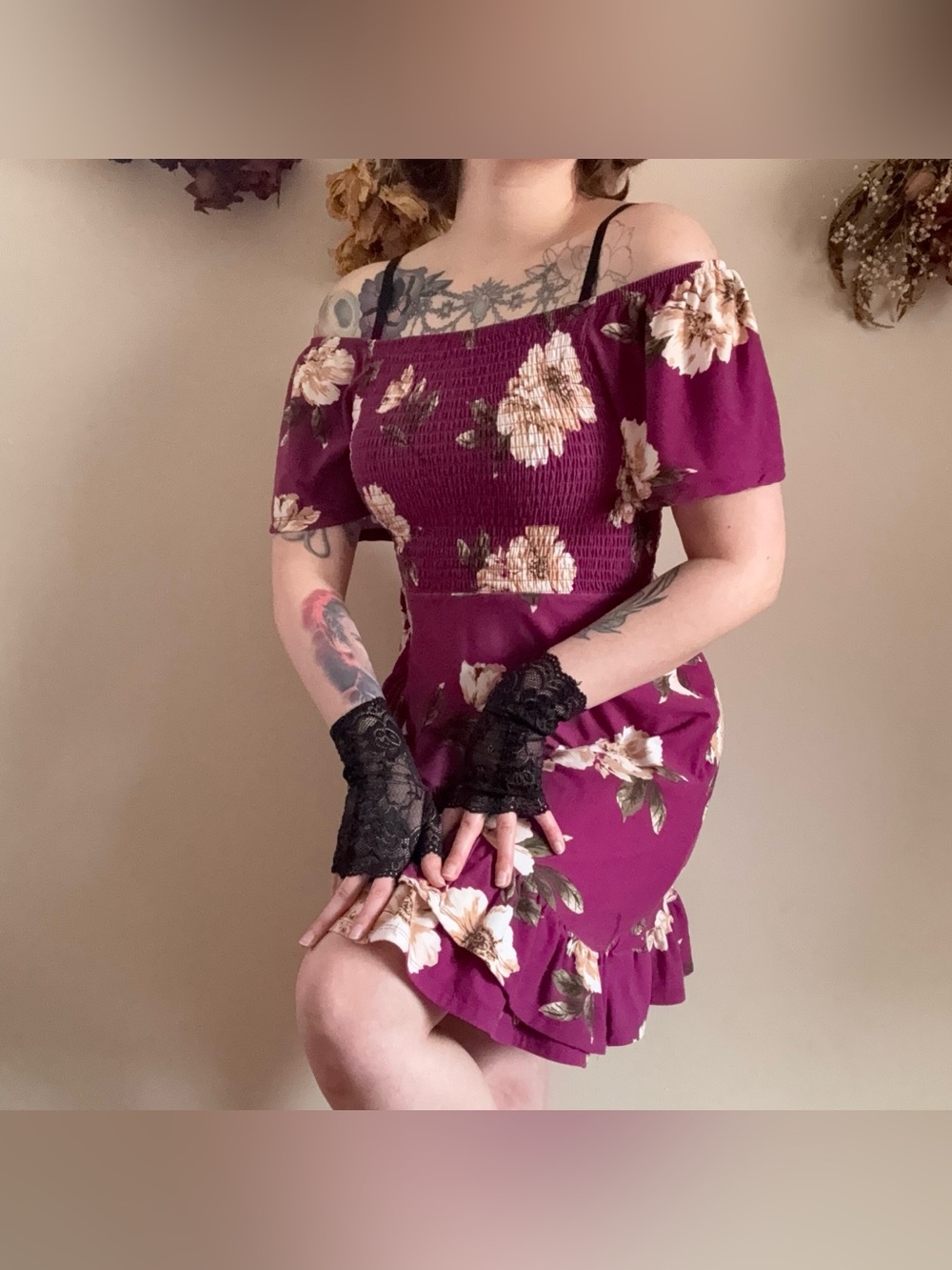 burgundy & cream puff sleeve ruffled floral mini dress ๐ฅ | romantic cottagecore